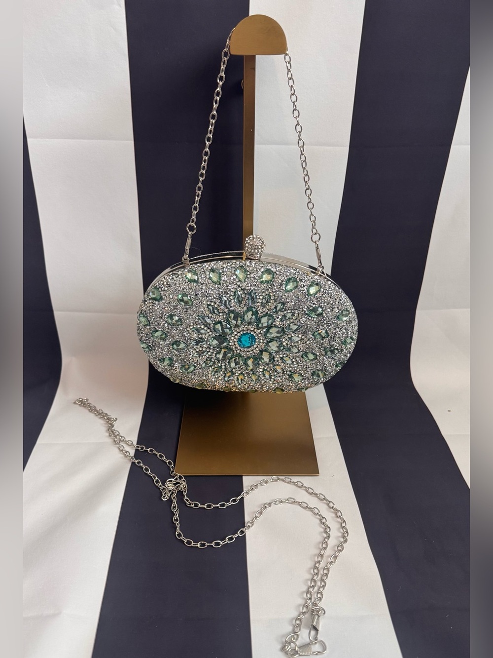 Silver and Green Jeweled Evening Clutch - Picture 5 of 7